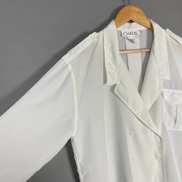 Vintage 80s Blouse Double Breasted Women White Button-Up‎ Long Sleeve Office Top - Picture 12 of 12